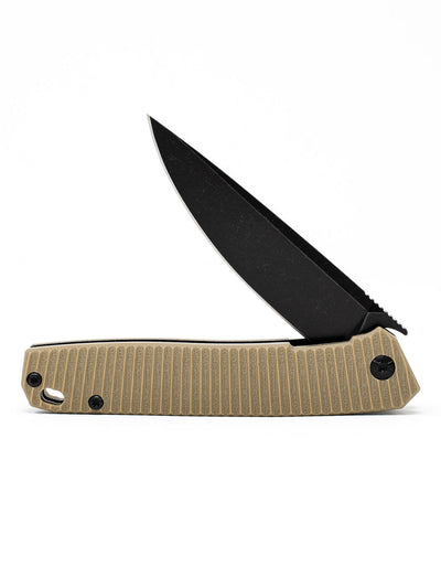 Tan React Folding Knife - Grooved G10/Black Coated