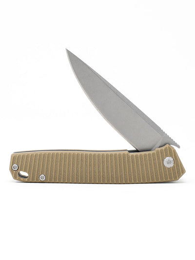 Tan React Folding Knife - Grooved G10/Stone Washed